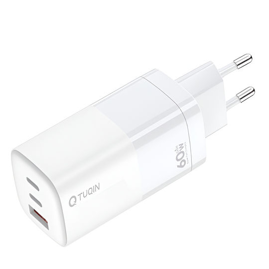 Tuqin GaN Charger with USB-A Port and 2 USB-C Output Ports and USB-C - Lightning Cable 60W Power Delivery White