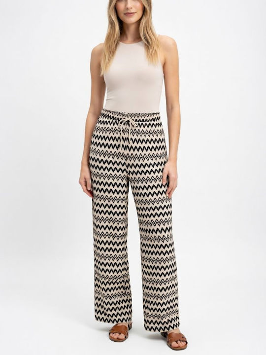 Vero Moda Γυναικείο Ψηλόμεσο Υφασμάτινο Παντελόνι Wide Black / Beige