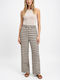 Women's High Rise Fabric Trousers in Wide Leg Style Black / Beige