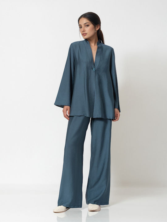 Women's Petrol Blue Set with Flared Trousers with Rubber Band