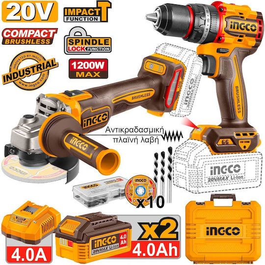 Ingco Battery Tool Set Angle Grinder & Impact Drill Driver 20V with 2 Batteries and Case