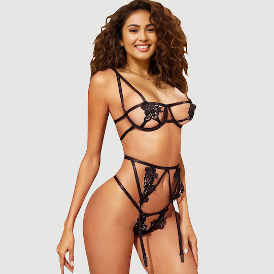 Plus Size Sexy Lingerie Set Embroidery & Applique Underwire Bra Fit Sexy 3 Pcs Black