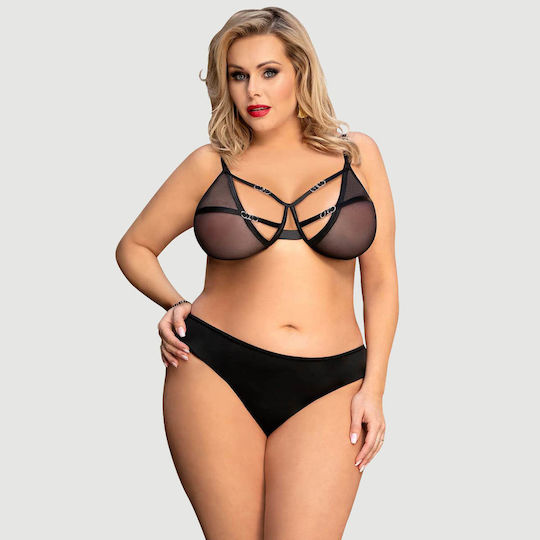 Plus Size Διάφανο Σετ Σουτιέν Χωρίς Μπανέλα Mesh Perspective Fashion Bra Set Without Underwire Μαύρο