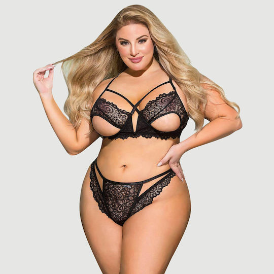 Plus Size Σετ Σουτιέν Δαντέλα & Βαθύ V Exquisite Lace Appeal Deep V Mini Temptation Bra Set Μαύρο