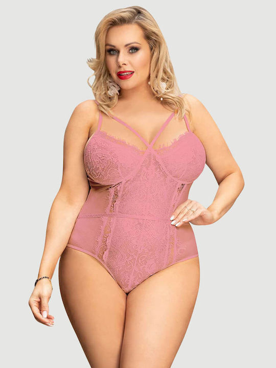 Plus Size Bodysuit Without Underwire Lace & Open Crotch Pink Lace Open Crotch Teddy Pink