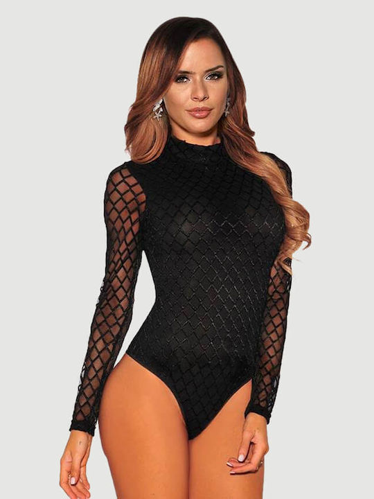 Κορμάκι Μανίκια Minimalist High Neck Mesh Plus Size Bodysuit Μαύρο