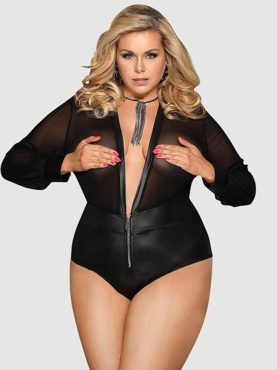 Plus Size Bodysuit V-neck Reißverschluss Leder Teddy Schwarz