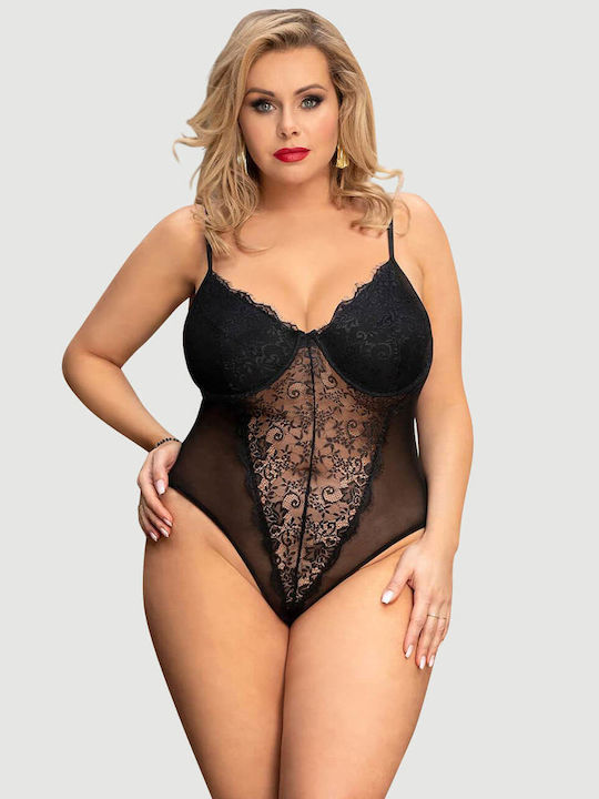 Plus Size Σέξι Κορμάκι Ανοιχτό Καβάλο & Δαντέλα Crotchless High Quality Lace Splicing Sexy Teddy Underwire Μαύρο