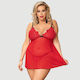 Plus Size Babydoll Lace & Delicate Embroidered Design High End Delicate Embroidery Lace Babydoll & Lingerie Set Red