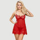 Σέξι Διαφανές Δαντελένιο Babydoll Κέντημα Sexy Sheer Floral Eyelash Trim Lace Babydoll Set Underwire Κόκκινο