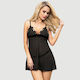 Babydoll Lace & Thin Embroidered Design High End Delicate Embroidery Lace Babydoll & Lingerie Set Black