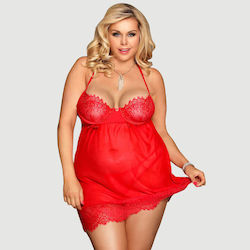 Plus Size Σέξι Διαφανές Δαντελένιο Babydoll Κέντημα Plus Size Sexy Sheer Floral Eyelash Trim Lace Babydoll Set Underwire Κόκκινο