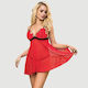 Babydoll Lace & Thin Embroidered Design High End Delicate Embroidery Lace Babydoll & Lingerie Set Red