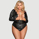 Plus Size Open Chest Eyelashes Lace Open Chest Long Sleeved Teddy Black