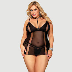 Plus Size Ελκυστικό Babydoll Δαντέλα & Κρεμαστό Λαιμό Elegant Lace Hanging Neck Perspective Sexy Babydoll Μαύρο