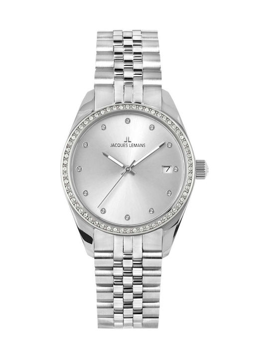 Jacques Lemans Derby Crystals Γυναικείο Ρολόι Μπαταρίας με Ασημί Μεταλλικό Μπρασελέ