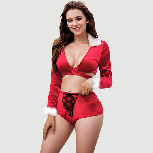 Plus Size Sexy Long Sleeved Christmas Costume Sexy Long Sleeved Tie Up 2 Piece Christmas Suit Red