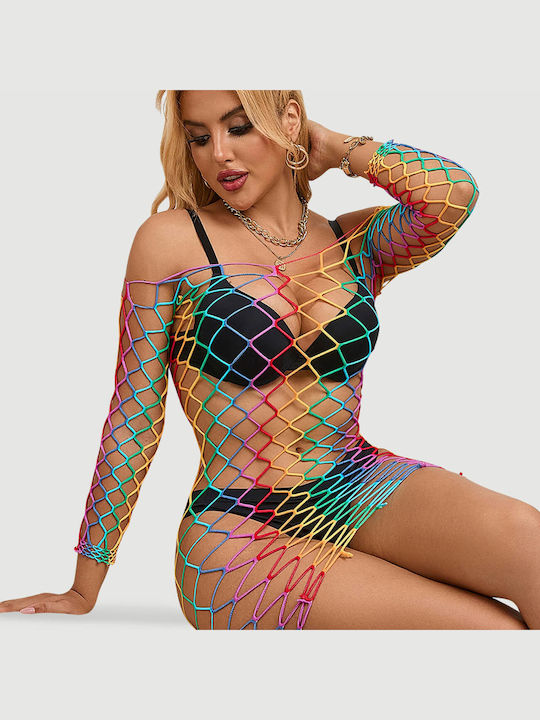 Rainbow Mehrfarbig Langärmeliges Gittermuster Sexy Bodystocking