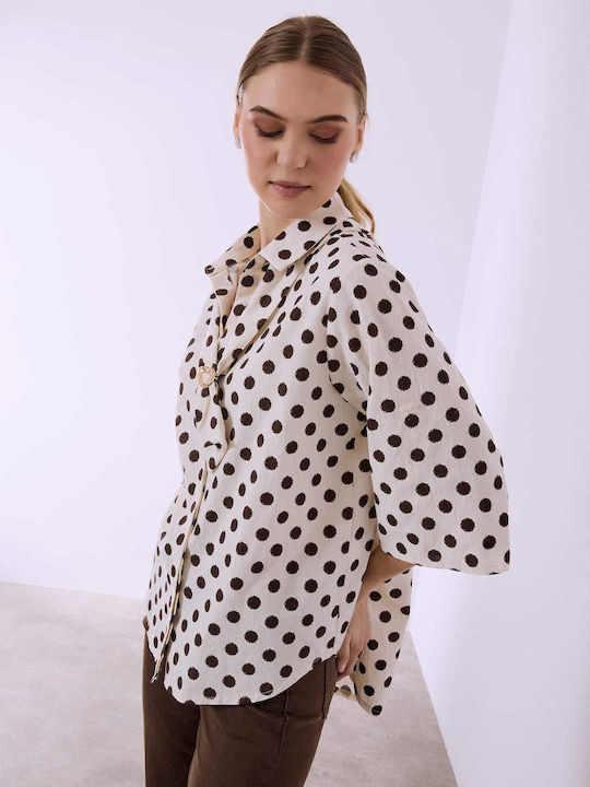 Celestino Damenhemden Polka Dot Asymmetrisch Loose Fit Dunkelbraun