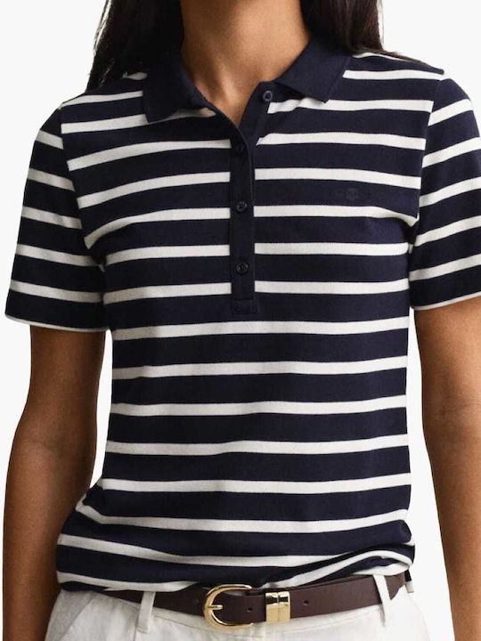 Damen Polo Bluse Kurzärmelig Gestreift Dunkelblau