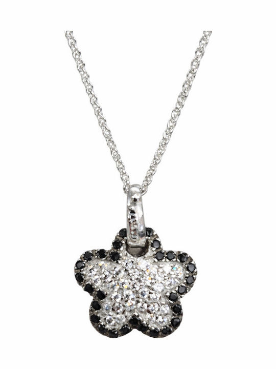 Atofio Kosmima Necklace With Flower Design In 14K White Gold With Black Zircon