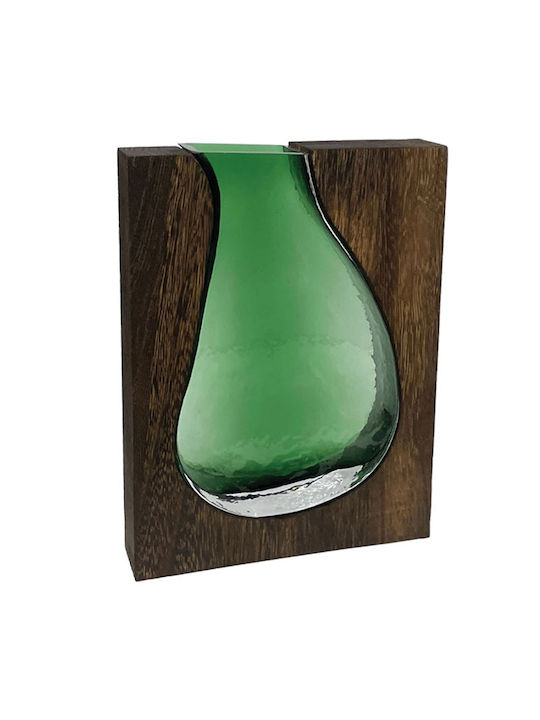 Glass Vase Green Brown Wooden Rectangular Frame Base 22x5x29cm 12/kib