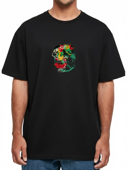 Oversized T-shirt Japanese Dragon Peonies Pop C...