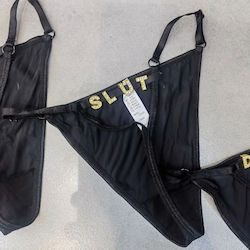 Chiloței Sexy Tip Șir De Caractere Cu Litere Ștrasuri Slut Negri Os