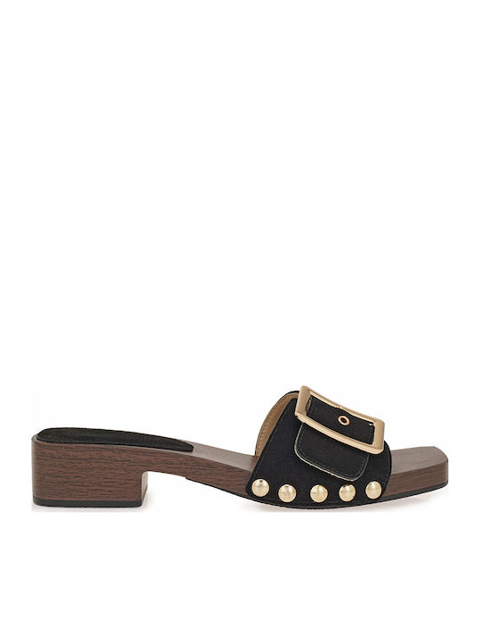 Seven Suede Mules with Low Heel in Black Colour
