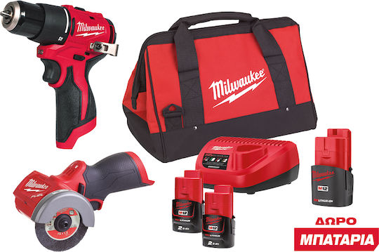 Milwaukee M12 BLPDFCOT2A2-202B Battery Tool Set Angle Grinder & Impact Drill Driver Brushless 12V with 2 Batteries 2Ah and Case