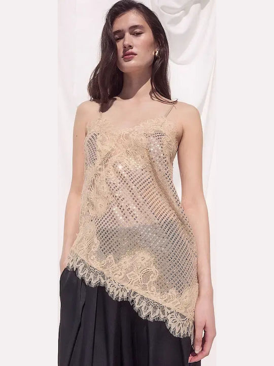 Women's Sleeveless Blouse with V Neckline Beige