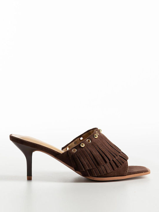 Pantofi Mules Dama De Catifea Cu Toc Subțire Înalt Maro K26-353-EL-843-KAFE