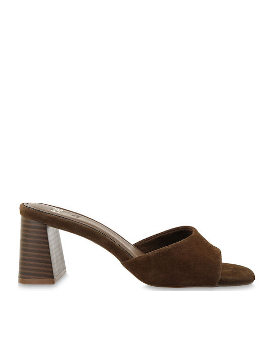 Exe Suede Mules με Ψηλό Τακούνι σε Καφέ Χρώμα