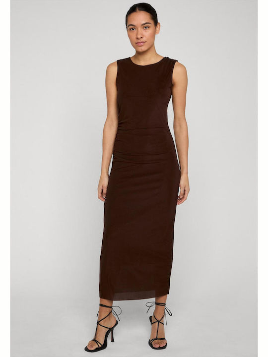 Ladies Midi Evening Dress with Mesh Brown