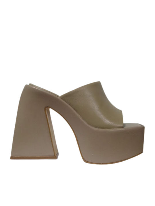 Leather Mules with High Heel in Beige Colour