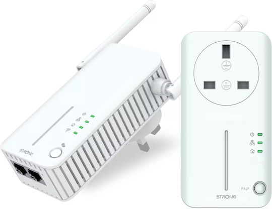 Strong Kit AV600 UK Plug Powerline Dual for Wireless Connection Wi‑Fi 4 with Passthrough Socket and 2 Ethernet Ports