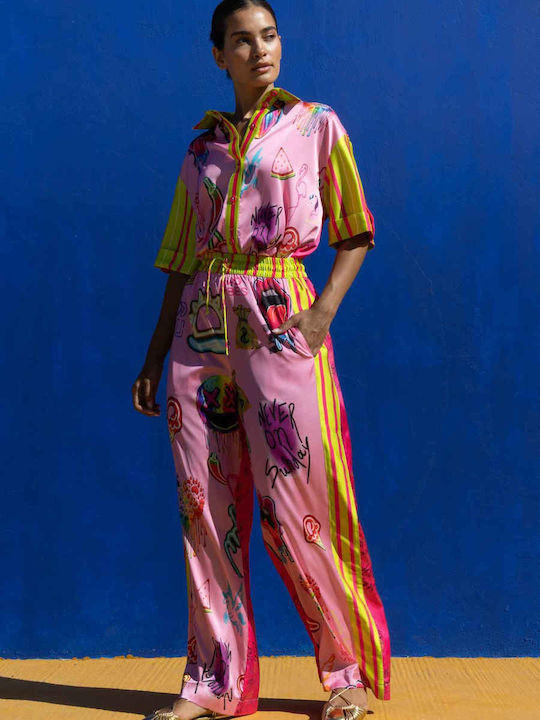 Women's Fabric Trousers with Rubber Band Pink