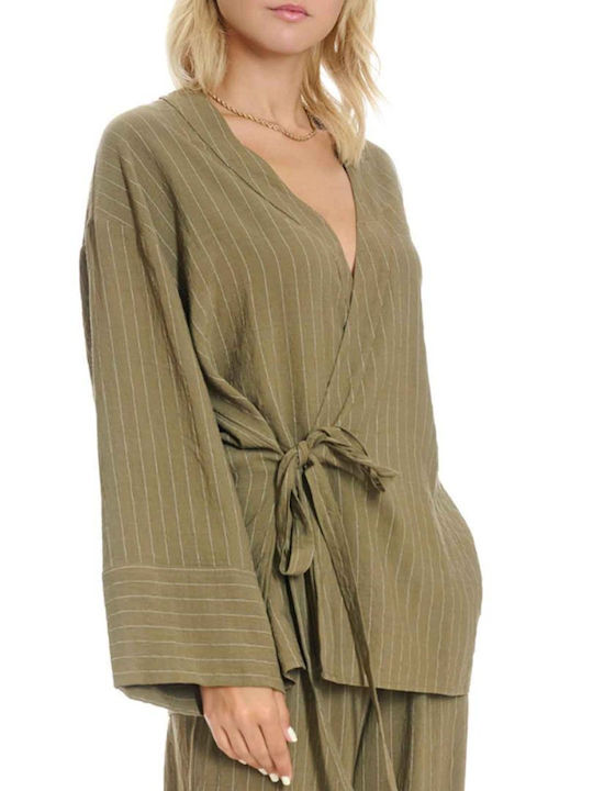 Long Sleeve Women's Linen Shirt Dusty Olive Striped