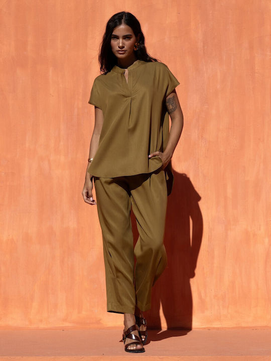 Short Sleeve Women's Satin Shirt Olive