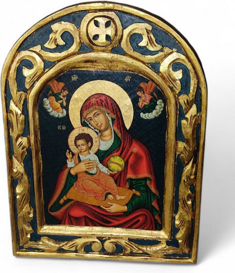 Icon Holy Mary Hagiography Aged Wood Carved 37x27.5 Cm