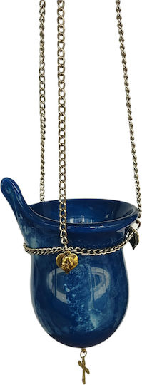 Hanging Blown Glass Oil Vigil Lamp The Tea Light Blue Cup Size 10.5x13.5 Cm With Chain 67 Cm Length