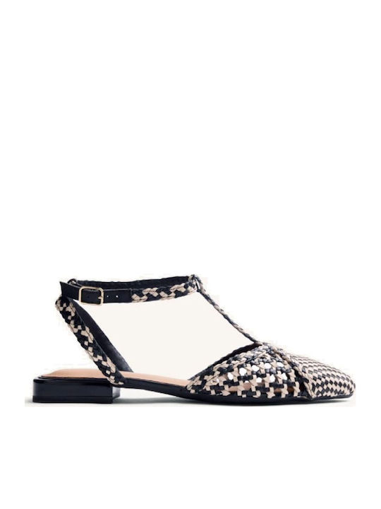 Leather Women's Pointed Toe Ballerina Shoes With Strap In Black Color