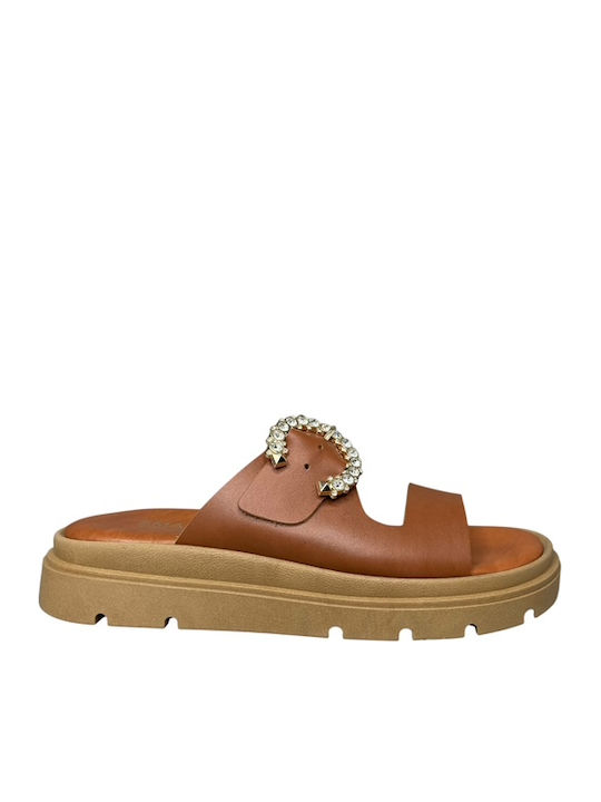 Δερμάτινα Γυναικεία Ανατομικά Σανδάλια Flatforms Καφέ