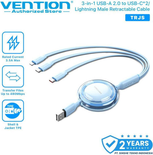 Vention Male Retractable USB to Type-C / Lightning Cable 3.5A Μπλε 1.1m TRJSBE