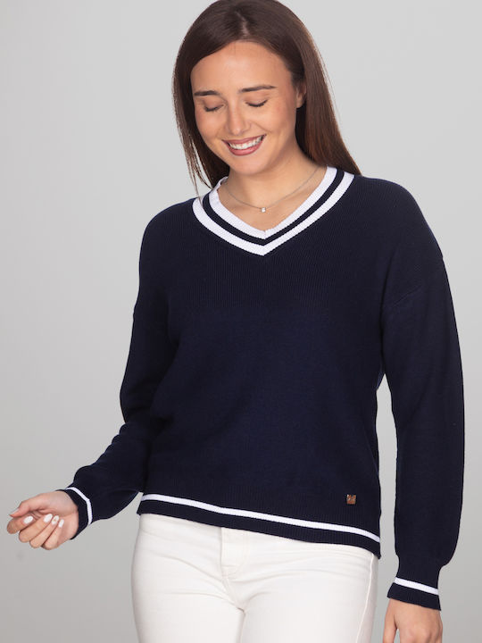 Bluza Damă Din Bumbac Cu Decolteu În V Albastră