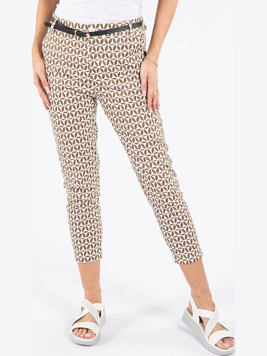 Chic et Jeune Γυναικείο Υφασμάτινο Παντελόνι Slim Fit Floral Λευκό