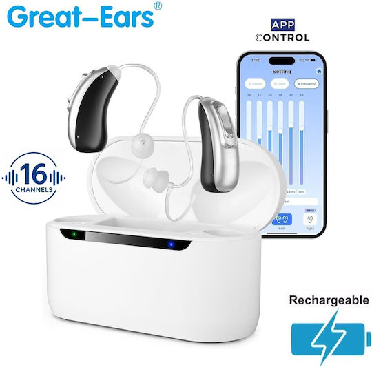 Great-ears G22 Ψηφιακά Ακουστικά Βαρηκοΐας 16 Κανάλια Bte Ric Επαναφορτιζόμενα App Control & Θήκη Φόρτισης Σετ 2 Τεμαχίων Γκρι