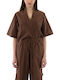 Women's Cotton Short Sleeve Blouse with V-Neck Brown