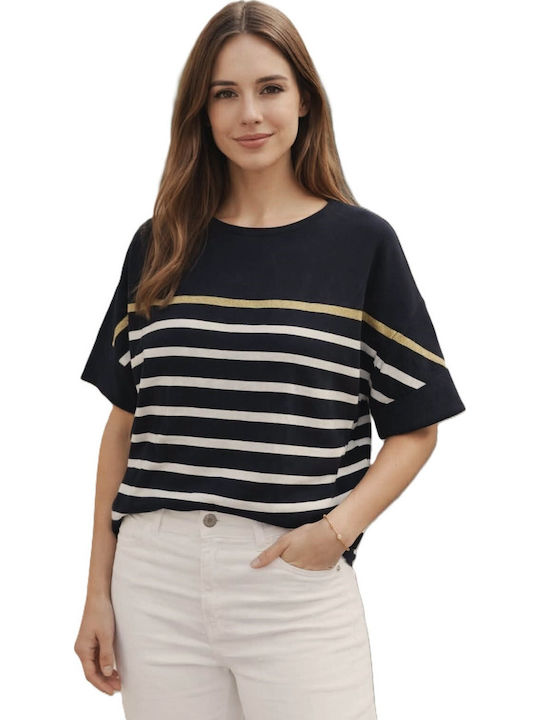 Women's Crop Top Short Sleeve Striped Gold