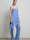 Women's Light Blue Set with High Rise Trousers with Rubber Band in Straight Leg Floral